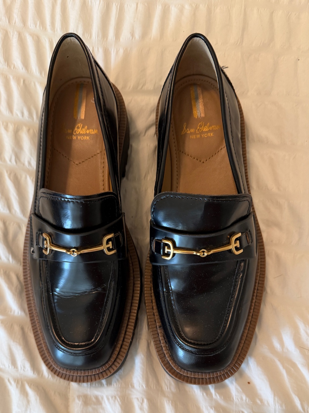 Sam Edelman Black Leather Loafers with Gold Hardware
